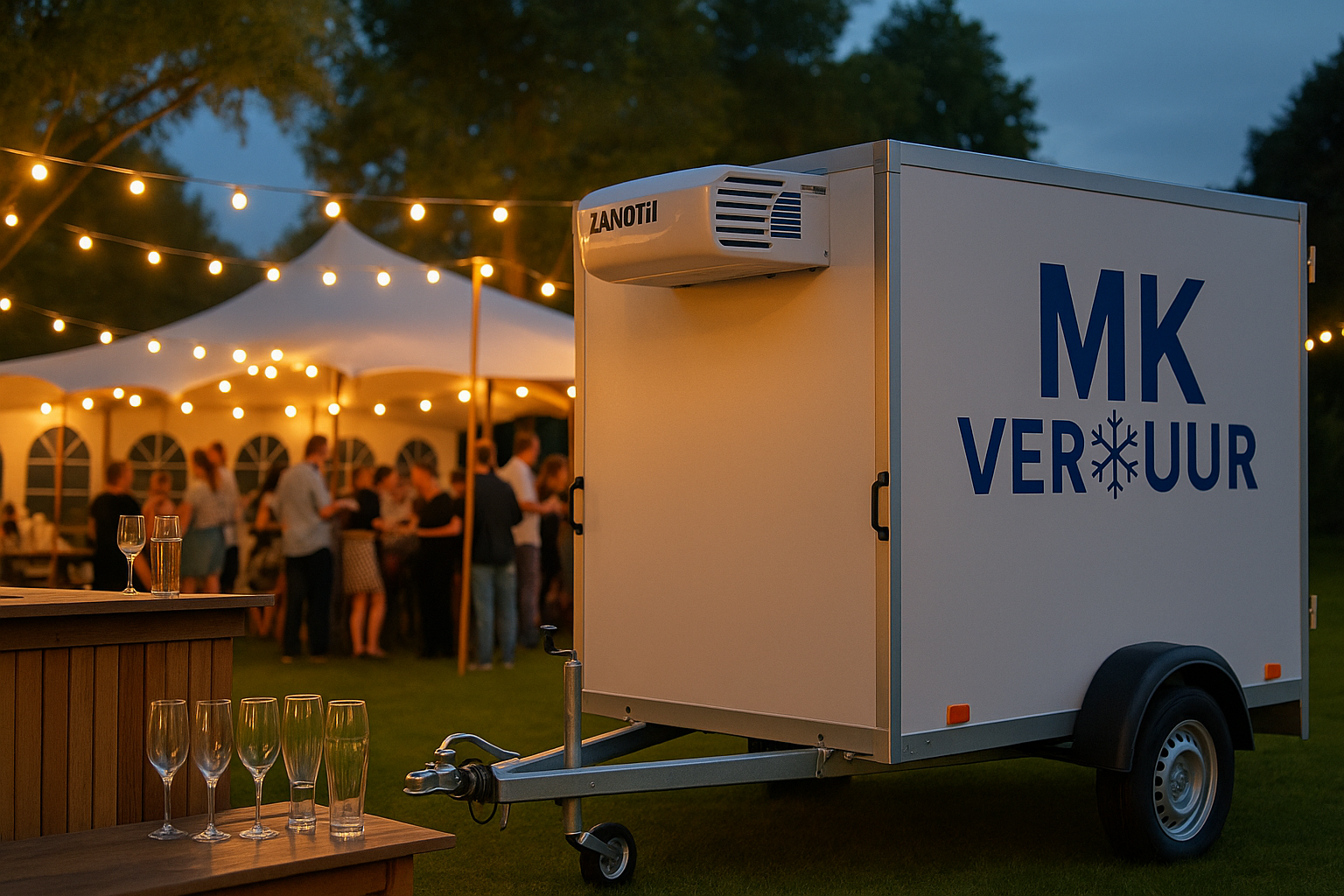 Koelwagen van MK Verhuur op sfeervol avondfeest met verlichting en gasten